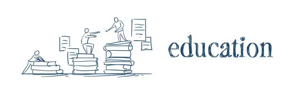 Vector illustration of man on books stack give helping hand education success concept podium winers on white background sketch doodle banner