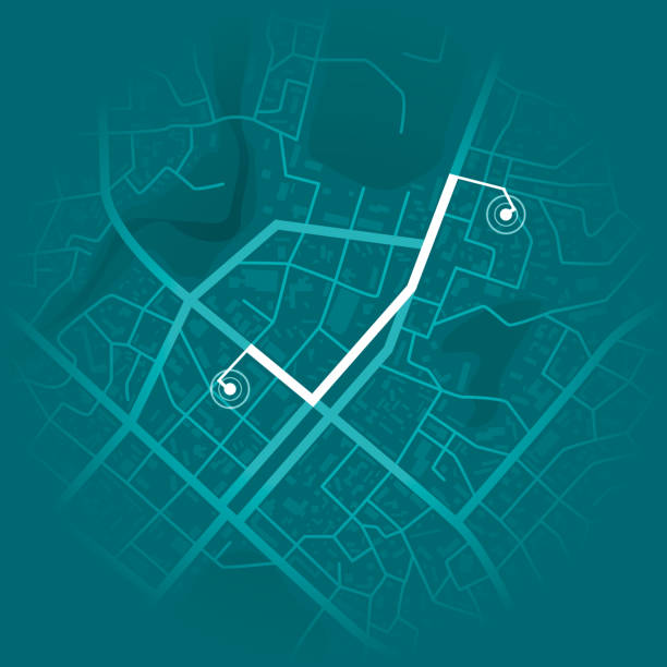 illustrazioni stock, clip art, cartoni animati e icone di tendenza di concetto di sistema gps. mappa della città blu con indicatori di percorso. illustrazione vettoriale - global positioning system map road map direction