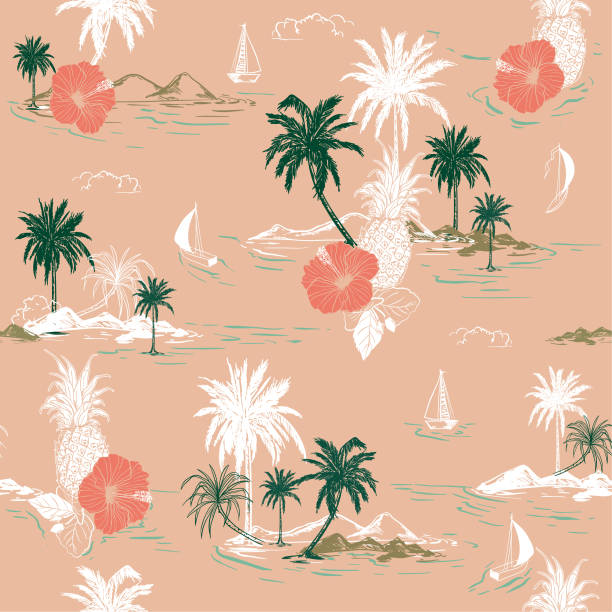 istock Pastel summer Island hawaiian mood hibiscus flower,plam trees ,ships,coconut tree ,wave in hand drawn style seamless pattern vector for fashion , fabric and all prints 990453622