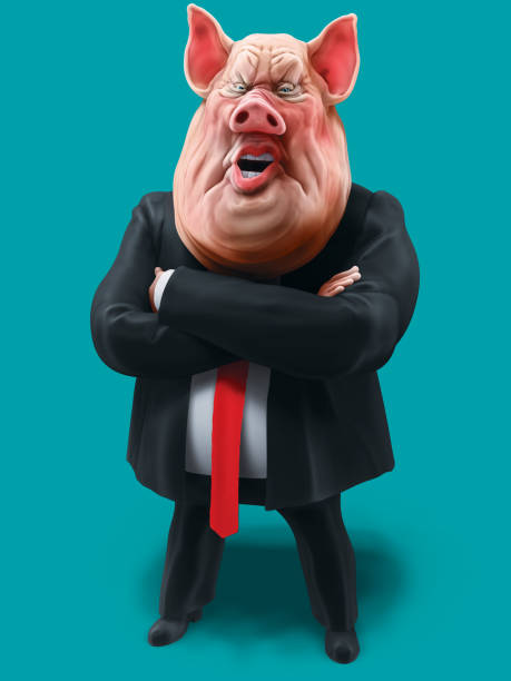 Pig boss talks with arms crossed. Animal farm. 3D illustration