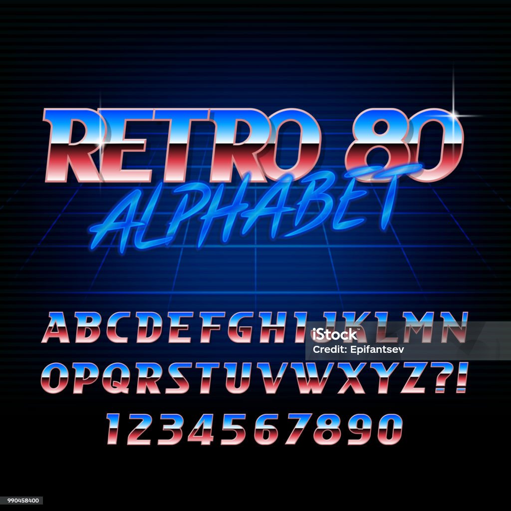 1980 Letters 80s Retro Alphabet Font Metallic Effect Shiny Letters Stock ...