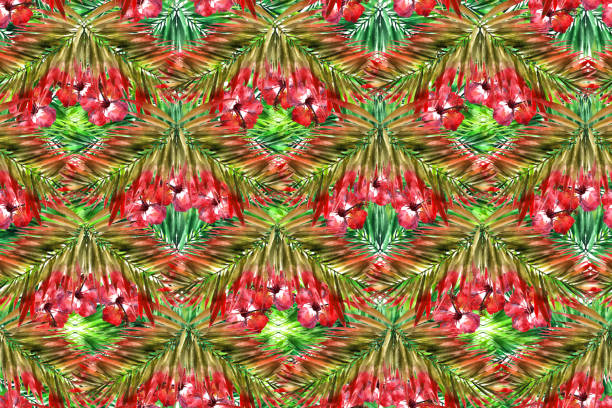 istock Leaves pattern palm coconut background. Watercolor palm leaves painting lush foliage with blossom exotic flowers red hibiscus. Tropical plant wallpaper. 990462706