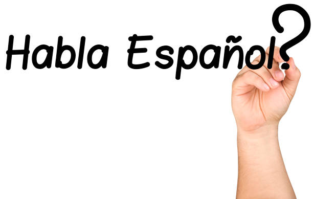 istock Hand Writing Habla Espanol on Clear Glass Whiteboard 990463124