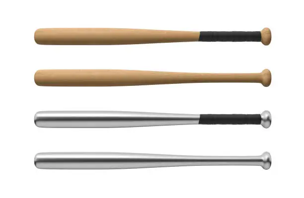 Photo of 3d rendering of four baseball bats made of wood and steel, with and without handle-wraps in horizontal view