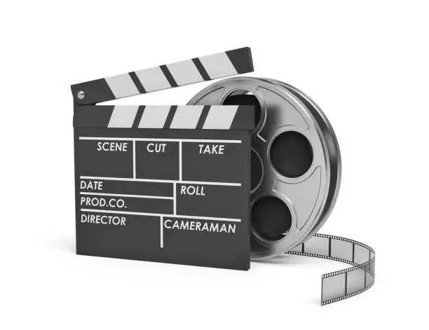 3d rendering of a video reel standing behind a black clapperboard with empty fields. Shooting new movies. Cameramen and directors. Cinema maker.