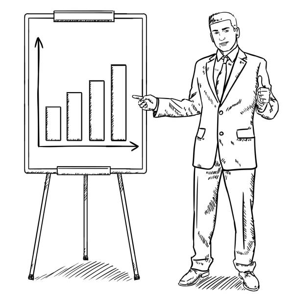 szkic styl doodle biznesmena pokazano dane firmy na flipchart - business finance data chart stock illustrations
