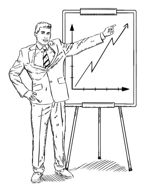 szkic stylu doodle biznesmena pokazano wzrost firmy na flipchart - business finance data chart stock illustrations