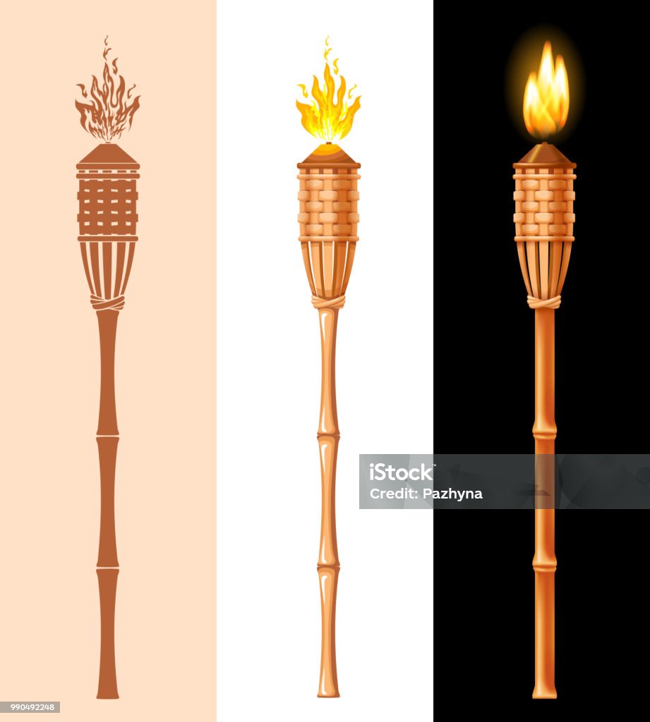 Bamboo Tiki Torch Set Tiki torch set. Burning beach bamboo torch in different styles, graphic, cartoon and realistic 3D. Vector illustration. Isolated on white background. Tiki stock vector