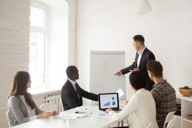 istock Confident speaker making presentation on flipchart for business colleagues 990492622