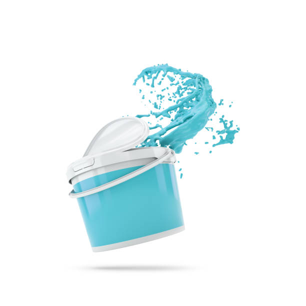 istock Blue Paint Splashing Out Of Plastic Can. Over White 990505678