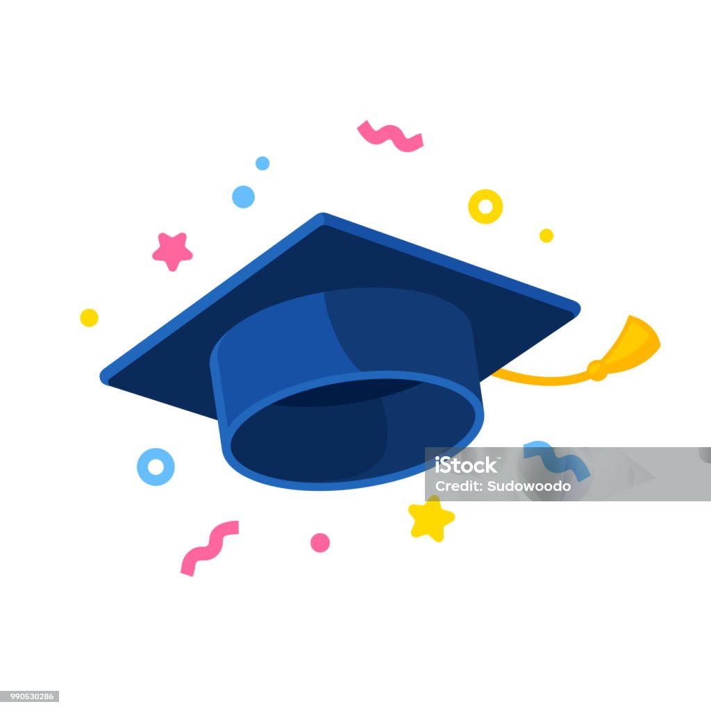 Graduate cap illustration with confetti Graduate cap flying in air with confetti, graduation celebration isolated illustration. Flat cartoon style vector icon. Mortarboard stock vector