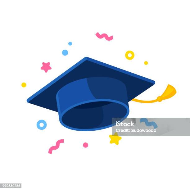 Graduate Cap Illustration With Confetti Stock Illustration - Download Image Now - Mortarboard, Graduation, Education