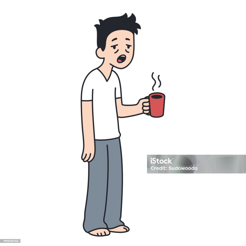 Sleepy man with cup of coffee Sleepy man holding cup of coffee and yawning. Morning routine cartoon illustration. Yawning stock vector