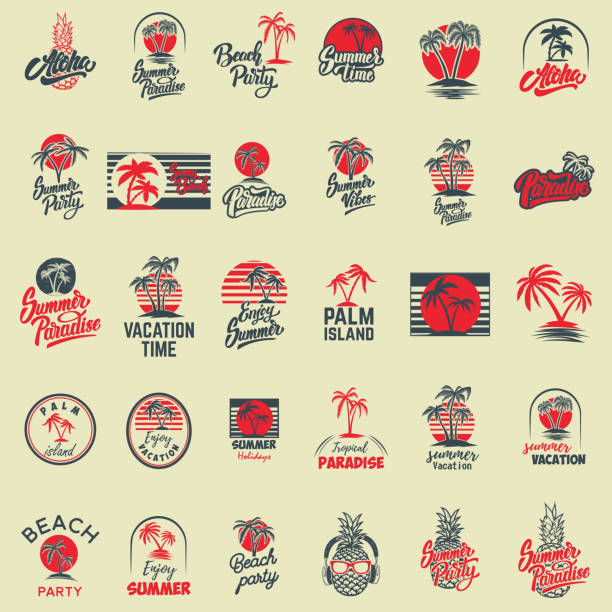 ilustrações de stock, clip art, desenhos animados e ícones de set of summer emblems with palms. for emblem, sign,  label, badge. - christmas beach sun tropical climate