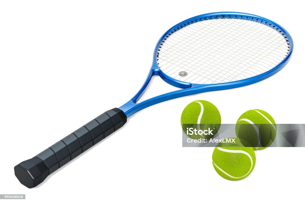 Tennis racket and balls Tennis racket and balls, 3D rendering isolated on white background Tennis Racket Stock Photo