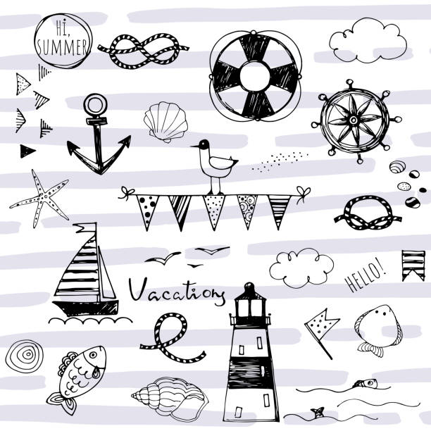 doodle nautical elements on striped abstract background doodle hand sketched nautical elements on striped abstract background lighthouse drawings stock illustrations