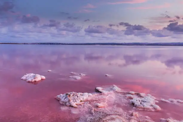 Pictures of the Laguna salada of torrevieja with the caracteristic pink color.