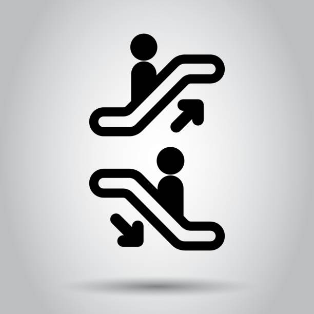 ilustraciones, imágenes clip art, dibujos animados e iconos de stock de icono de elevador de escaleras mecánicas. ilustración de vector. pictograma de escalera móvil de concepto de negocio. - 12042