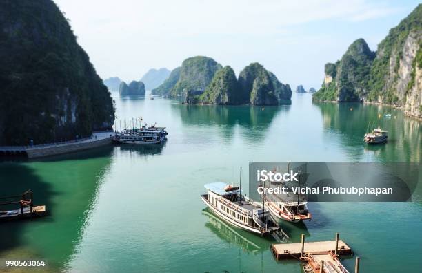 Panoramic View Of Ha Long Bay Islands Tourist Boat And Seascape From Bo Hon Island Ha Long Vietnam Stock Photo - Download Image Now