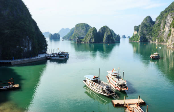 panoramic view of ha long bay islands, tourist boat and seascape from bo hon island, ha long, vietnam. - halong bay vietnam bay cruise imagens e fotografias de stock