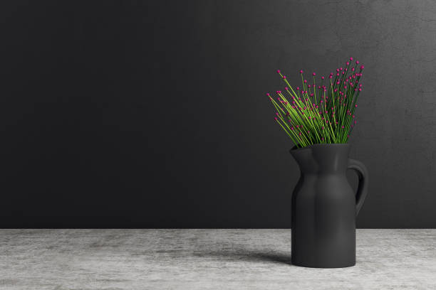 Modern vase with flowers on black wall background with copy space. interior decor design. Mock up, 3D Rendering