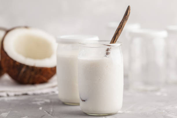 自家製ココナッツ ヨーグルトの瓶の準備。健康的な代替ビーガン食品のコンセプト。 - yogurt greek culture milk healthy eating ストックフォトと画像