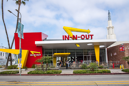 Los Angeles, CA: June 21, 2018: In-N-Out Burger fast food restaurant in Westwood, California. In-N-Out Burger is a private company with 313 locations.