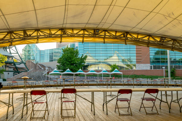 istock Public pavilion stage with chairs and table for event 990589134