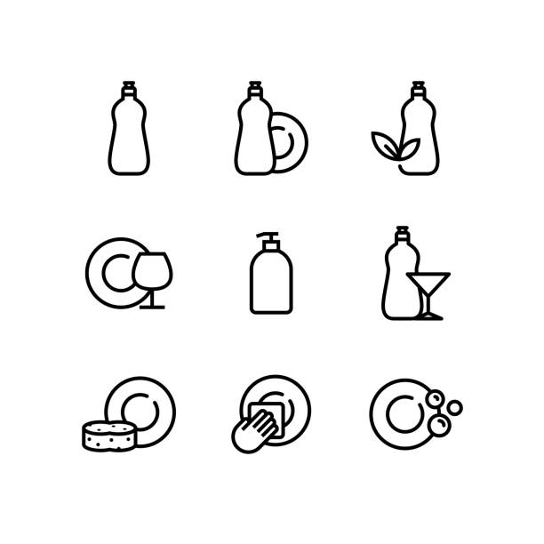 geschirrspülen flüssigseife detergente icon-set - abwaschen stock-grafiken, -clipart, -cartoons und -symbole