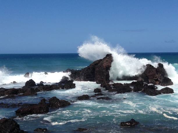 istock Wave splash on rocky coastline in Maui 990599016