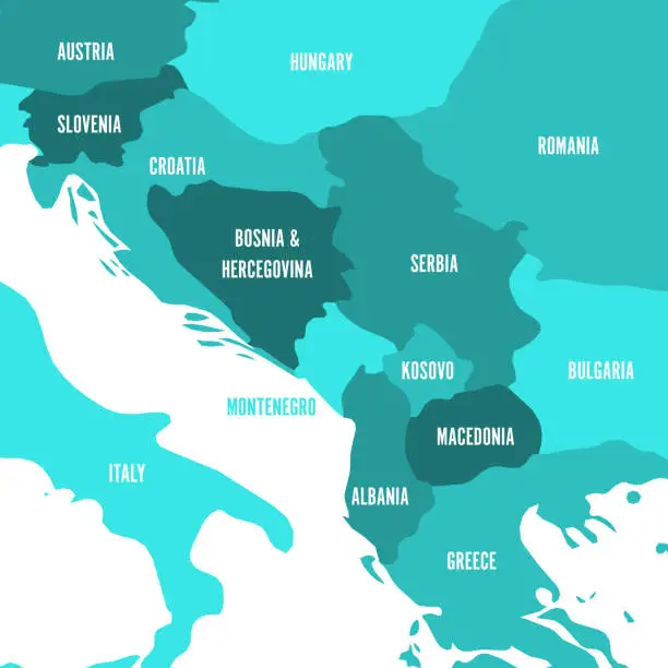 Vector illustration of Political map of Balkans - States of Balkan Peninsula. Four shades of turquoise blue vector illustration