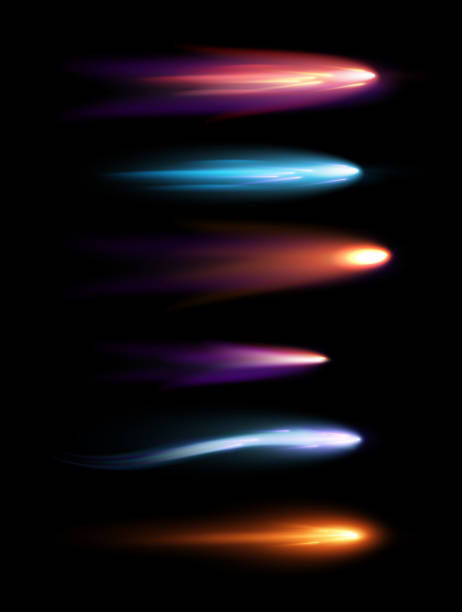 vektor illustration satz schöne verschiedene formen meteoriten, kometen und feuerbälle mit lichteffekt in schwarze galaxie raum. - meteor fireball asteroid comet stock-grafiken, -clipart, -cartoons und -symbole