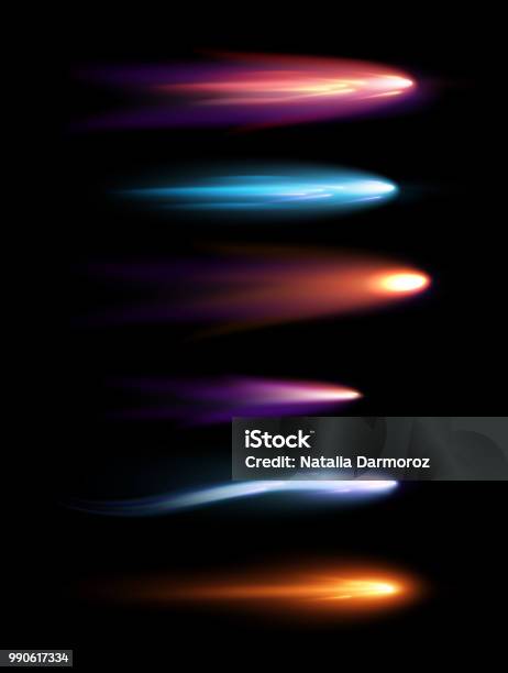 Vector Illustration Set Of Beautiful Different Shapes Meteors Comets And Fireballs With Lighting Effect In Black Galaxy Space Stock Illustration - Download Image Now