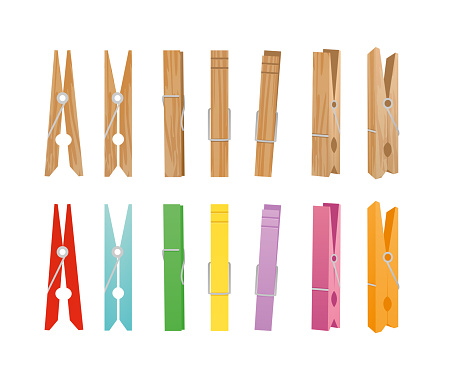 Vector illustration of wooden and clothespin collection on white background. Clothespins in different bright colors and positions for household in flat style