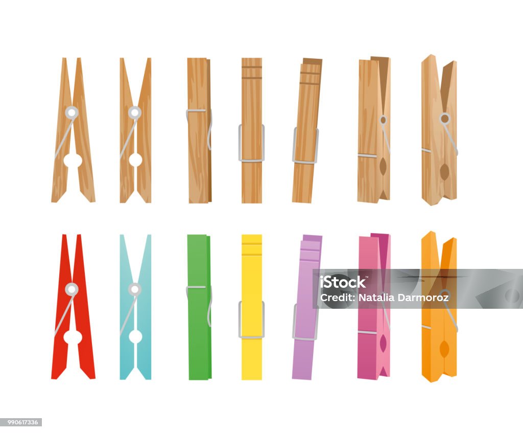 Vector illustration of wooden and clothespin collection on white background. Clothespins in different bright colors and positions for household in flat style. Vector illustration of wooden and clothespin collection on white background. Clothespins in different bright colors and positions for household in flat style Clothespin stock vector