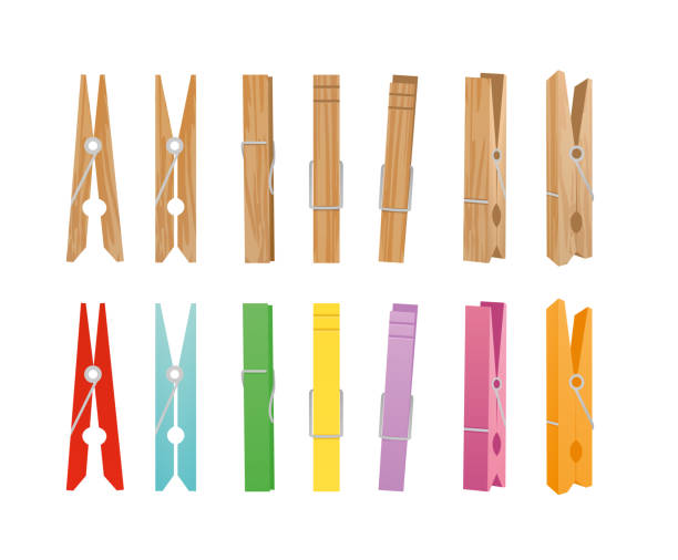 Vector illustration of wooden and clothespin collection on white background. Clothespins in different bright colors and positions for household in flat style. Vector illustration of wooden and clothespin collection on white background. Clothespins in different bright colors and positions for household in flat style clothespin wood stock illustrations