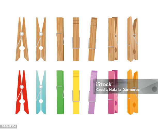 Vector Illustration Of Wooden And Clothespin Collection On White Background Clothespins In Different Bright Colors And Positions For Household In Flat Style Stock Illustration - Download Image Now