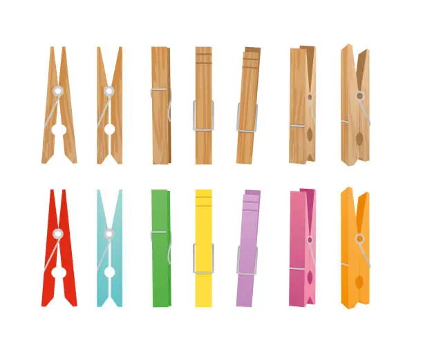 Vector illustration of Vector illustration of wooden and clothespin collection on white background. Clothespins in different bright colors and positions for household in flat style.