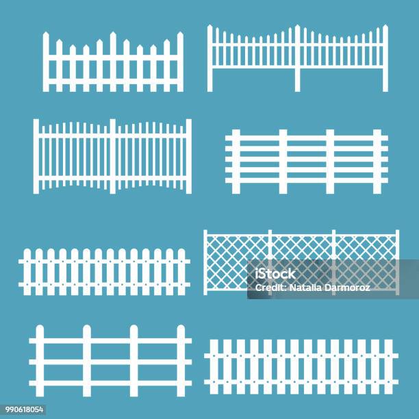 Vector Illustration Set Of Different Fences White Color Rural Silhouettes Wooden Fences Pickets Vector For Garden In Flat Style Stock Illustration - Download Image Now
