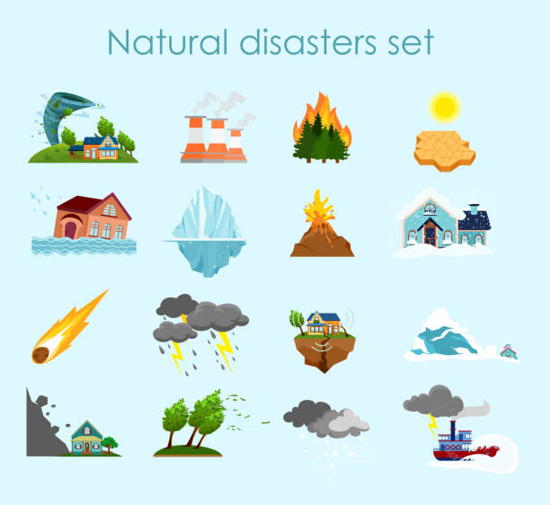 ilustrações de stock, clip art, desenhos animados e ícones de vector illustration collection of color icons natural disasters on light blue background, set of elements storm, fire and hurricane. - sun sunlight symbol flame