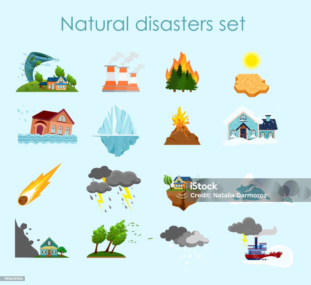 Vector illustration collection of color icons natural disasters on light blue background, set of elements storm, fire and hurricane. Vector illustration collection of color icons natural disasters on light blue background, set of elements storm, fire and hurricane Icon Symbol stock vector