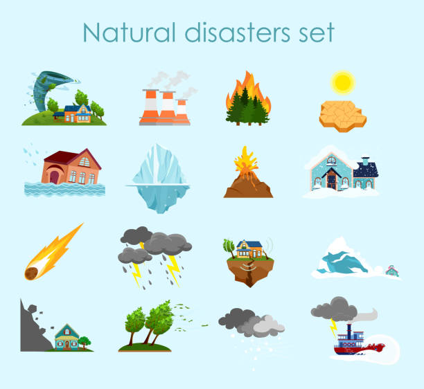 Vector illustration collection of color icons natural disasters on light blue background, set of elements storm, fire and hurricane. Vector illustration collection of color icons natural disasters on light blue background, set of elements storm, fire and hurricane natural disaster stock illustrations