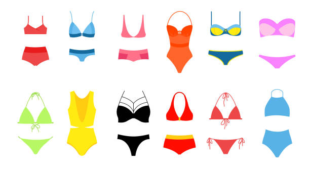 ilustrasi vektor wanita bikini set, koleksi warna-warna cerah baju renang dalam desain datar di latar belakang putih. modern, fashion bikini vintage. - baju renang pakaian ilustrasi stok