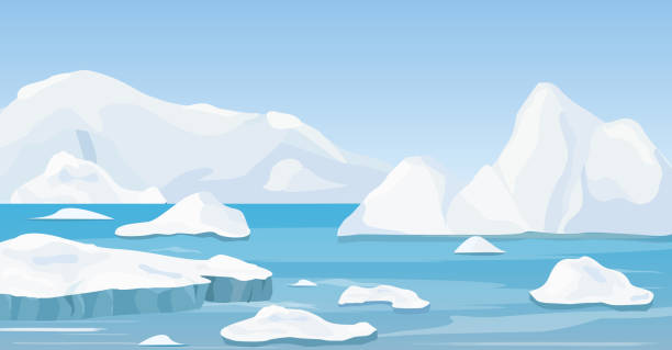 ilustraciones, imágenes clip art, dibujos animados e iconos de stock de ilustración vectorial de dibujos animados naturaleza invierno ártico paisaje con iceberg, colinas puras azul del agua y la nieve, las montañas. - ártico