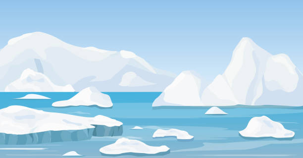 illustrations, cliparts, dessins animés et icônes de illustration de vecteur de dessin animé paysage naturel, hiver arctique avec iceberg, bleu pur eau et neige collines, montagnes. - cold frozen sea landscape