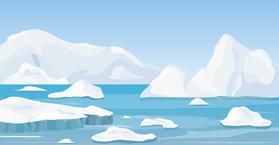 Vector illustration of cartoon nature winter arctic landscape with iceberg, blue pure water and snow hills, mountains