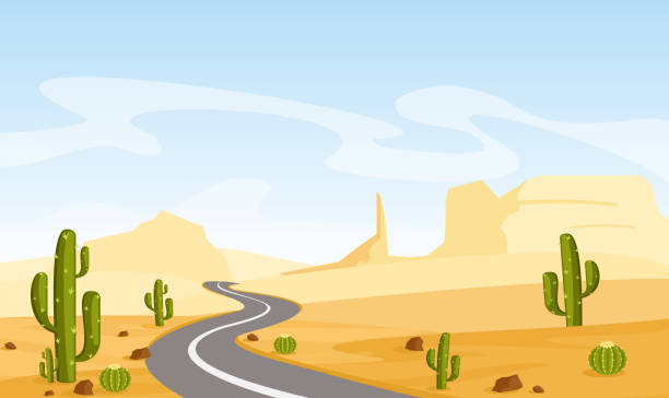 ilustraciones, imágenes clip art, dibujos animados e iconos de stock de ilustración de vector de paisaje desierto con cactus y carretera asfaltada, en estilo plano de la historieta. - scenics highway road backgrounds