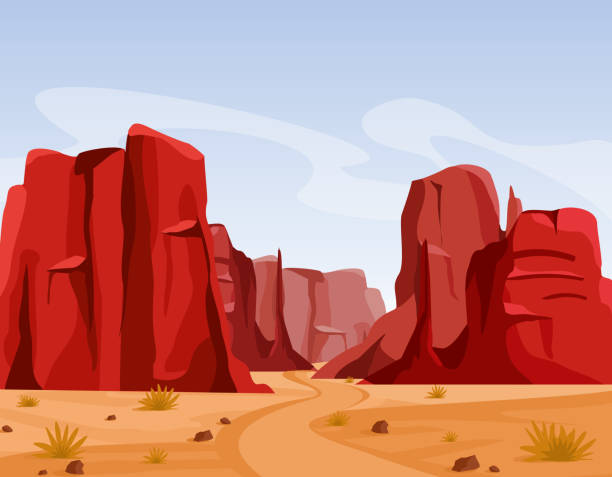 vektor-illustration von wild-west texas wüstenlandschaft mit trockenrasen und rote farbe berge von canyon. flache cartoon-stil spiel kunst und animation spiel. - silhouette landscape cliff mountain stock-grafiken, -clipart, -cartoons und -symbole