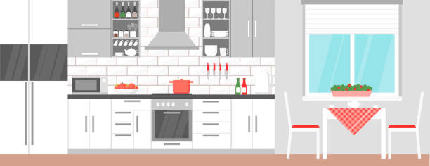 vektor-illustration der modernen küche interieur mit esstisch und sachen zum kochen, essen, herd, schrank, geschirr und kühlschrank im flachen stil. - küche modern stock-grafiken, -clipart, -cartoons und -symbole