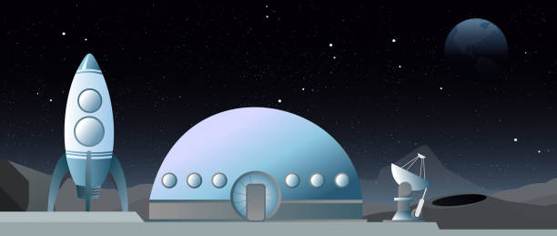 istock Vector illustration of flat style web banner on the theme of astronomy, space exploration, colonization of space. Moon exploration. Spaceship and station on the Moon landscape. 990633430